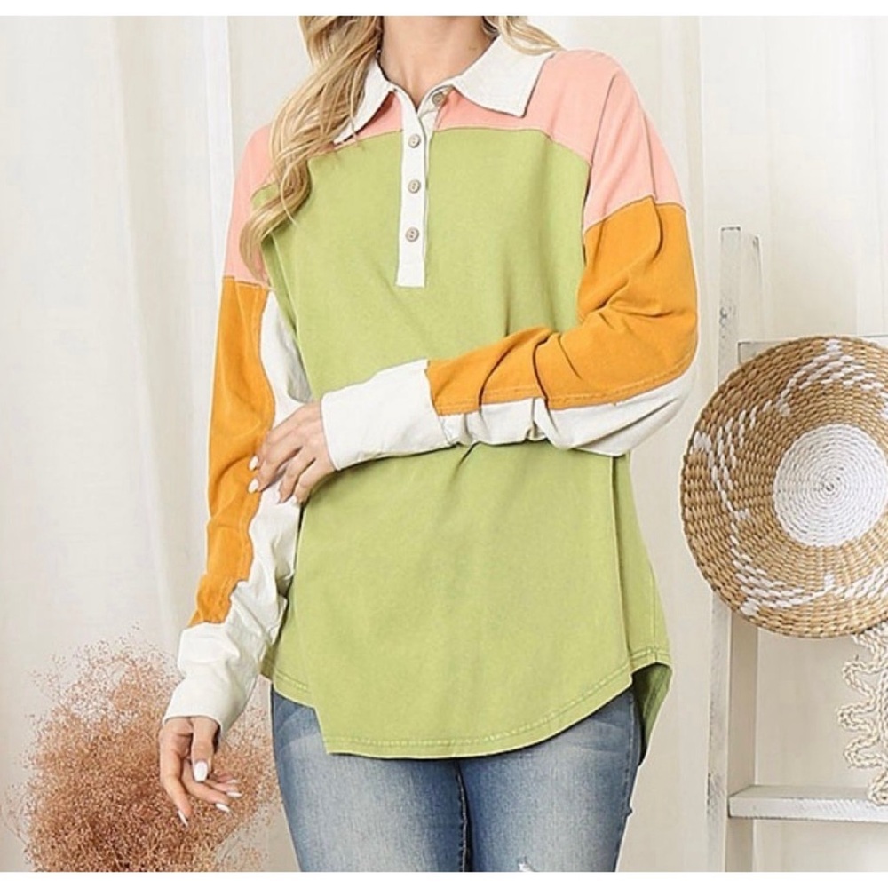 Polagram yellow/green/pink color block long sleeve shirt